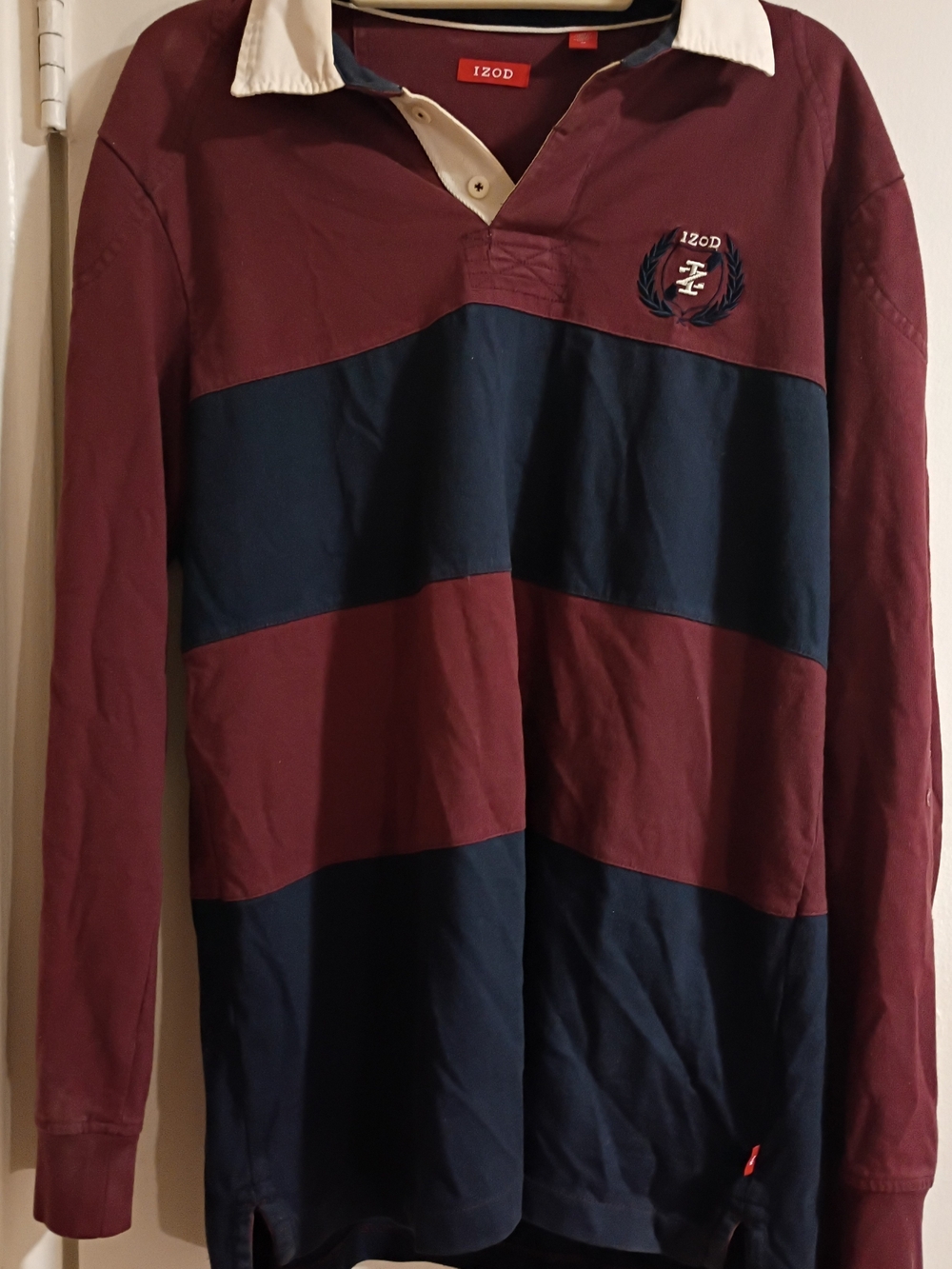 Izod Men's Long-Sleeve Rugby Polo in Maroon, Navy & White Collar Medium
